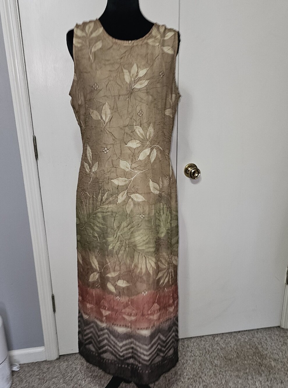 Y2k dressbarn Olive Green Floral Maxi Dress with Coral and Black Accents